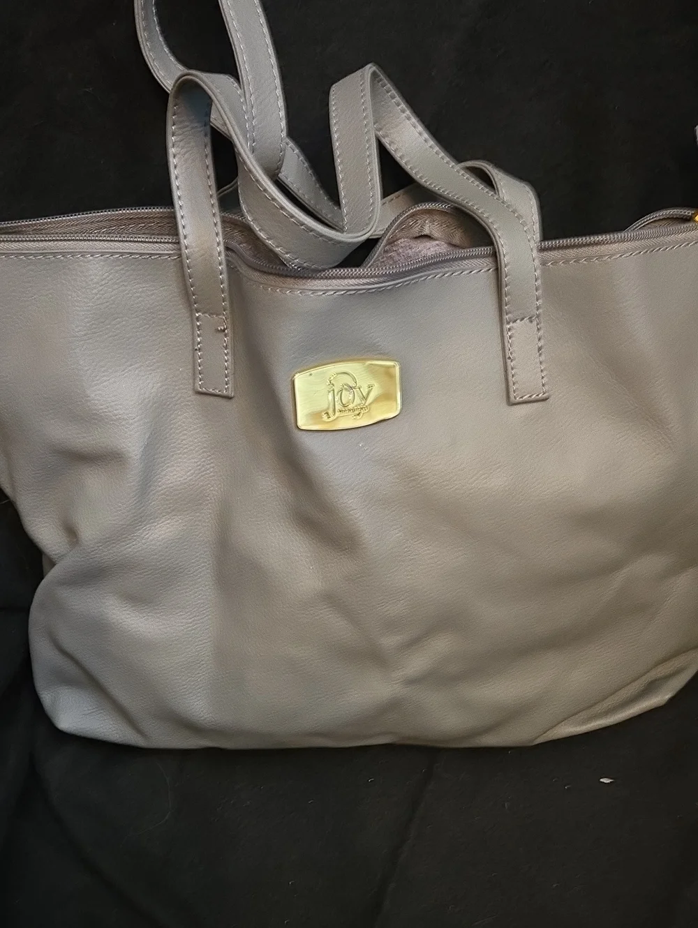Joy Mangano Taupe Leather Tote with Gold Logo